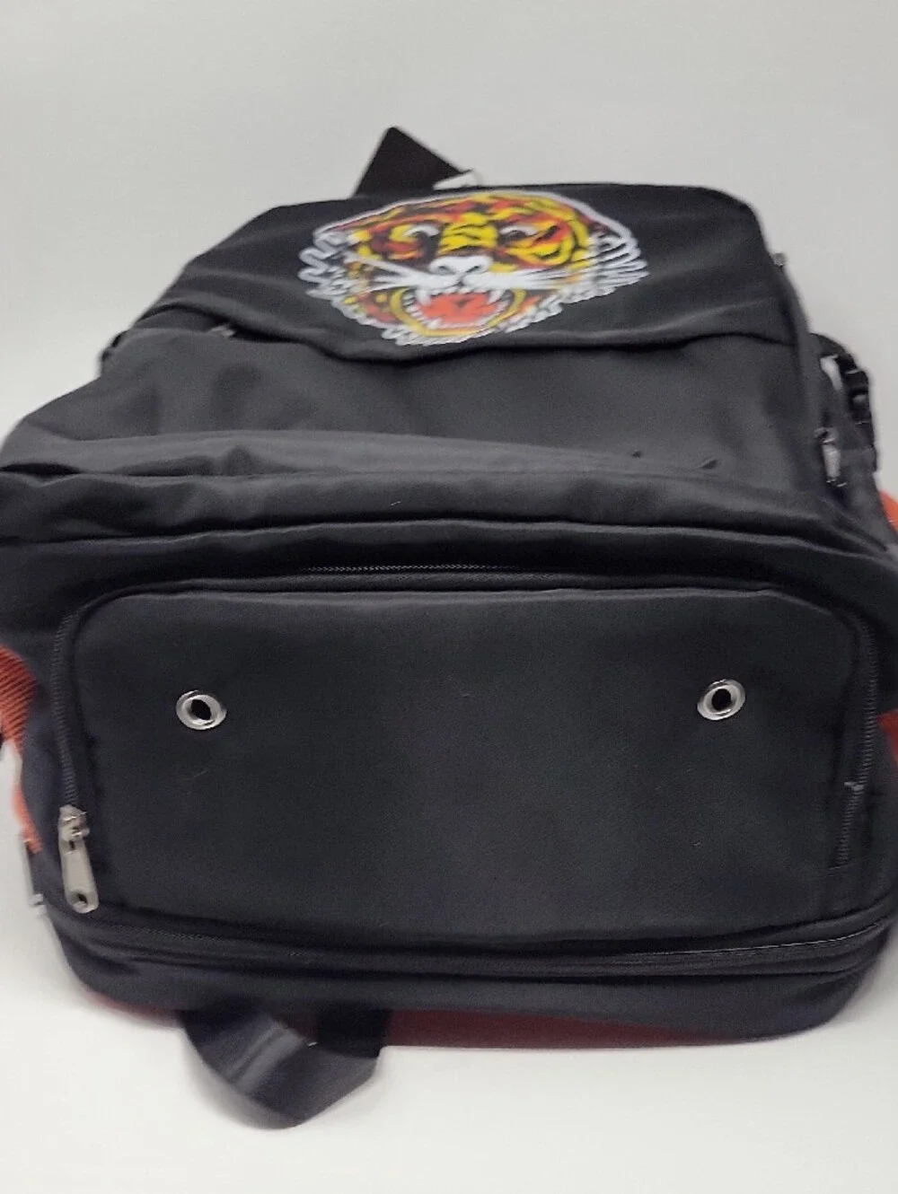 Ed Hardy Black Backpack with Multicolor Tiger Patch and Orange Accents
